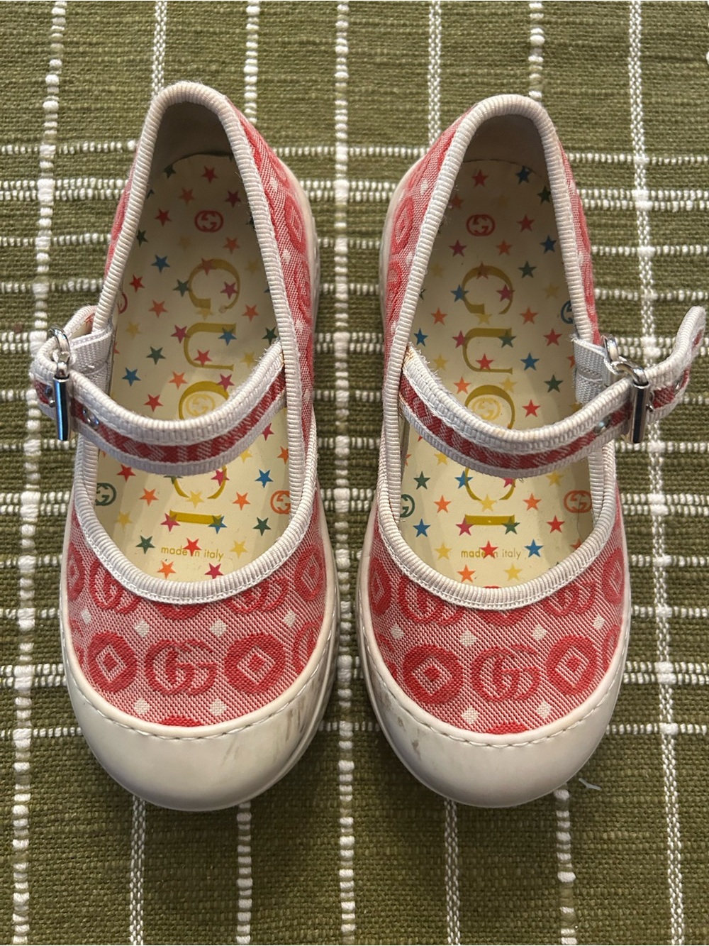 Gucci Girls Coral Pink GG Canvas Mary Jane Shoes